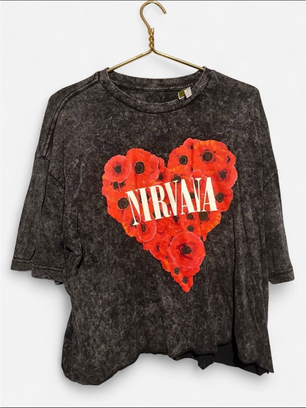 Nirvana Black Mineral-Wash Tee with Red Heart Floral Graphic